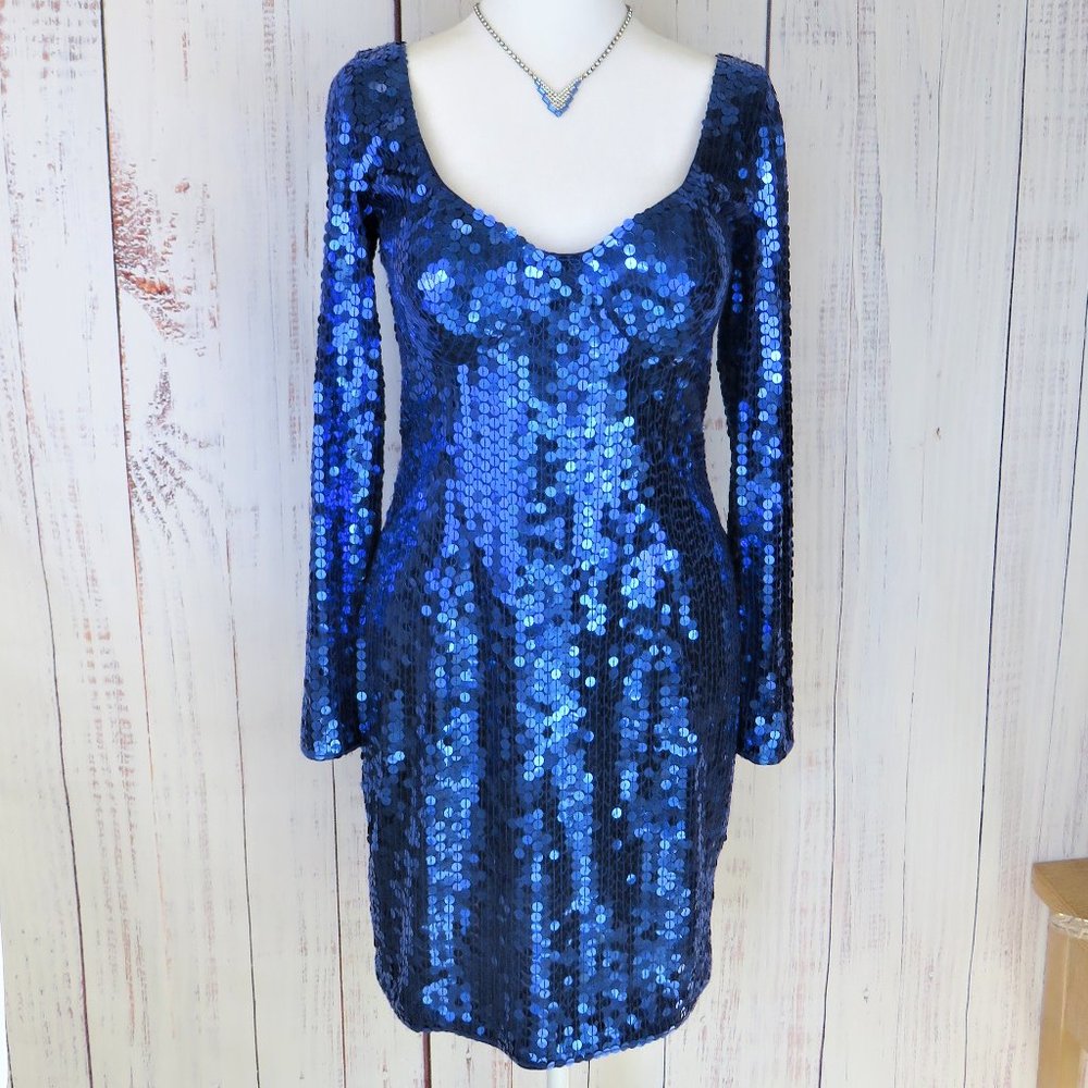 Blue Sequin Holiday Party Dress Vintage Cocktail Dress Sequin w/Jewelry ...726